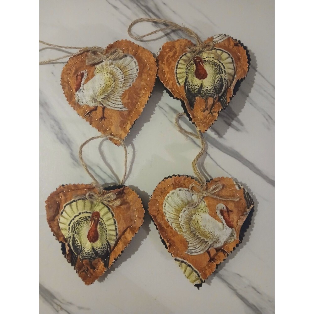 Christmas Ornaments  Handmade Gift  Primitive Cottage Turkey Heart - Set of 4